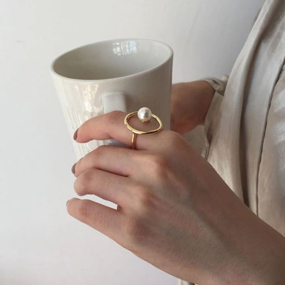 925 Sterling Silver Vintage Pearl Open Ring (Gold) - Picture 2 of 4